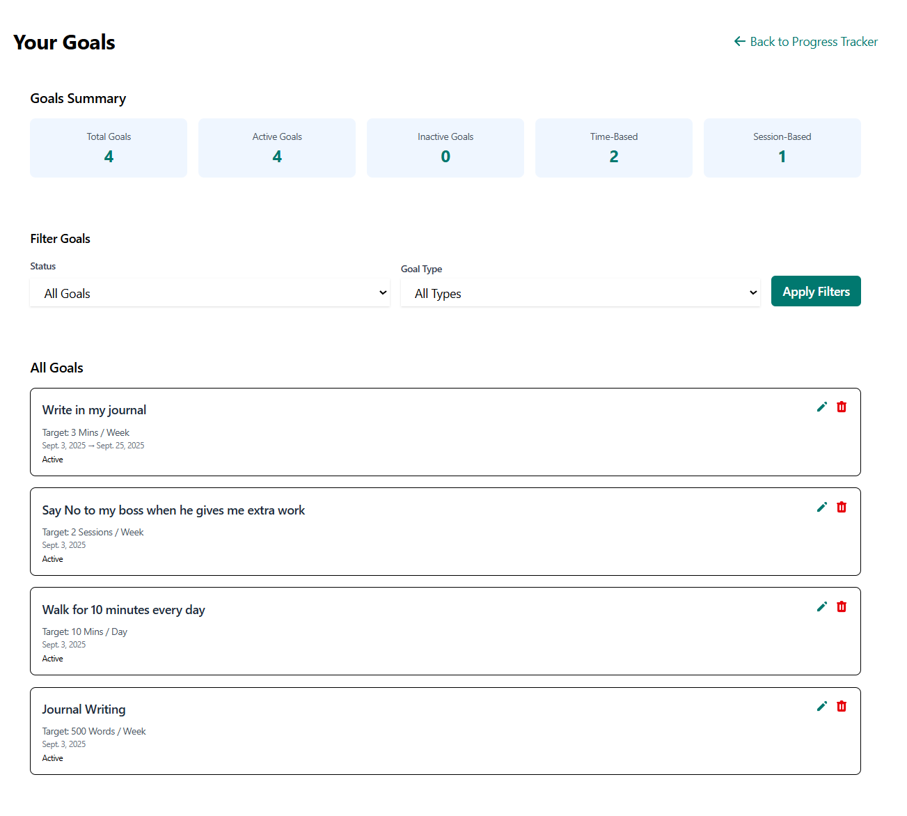 your list of goals on goal tracker